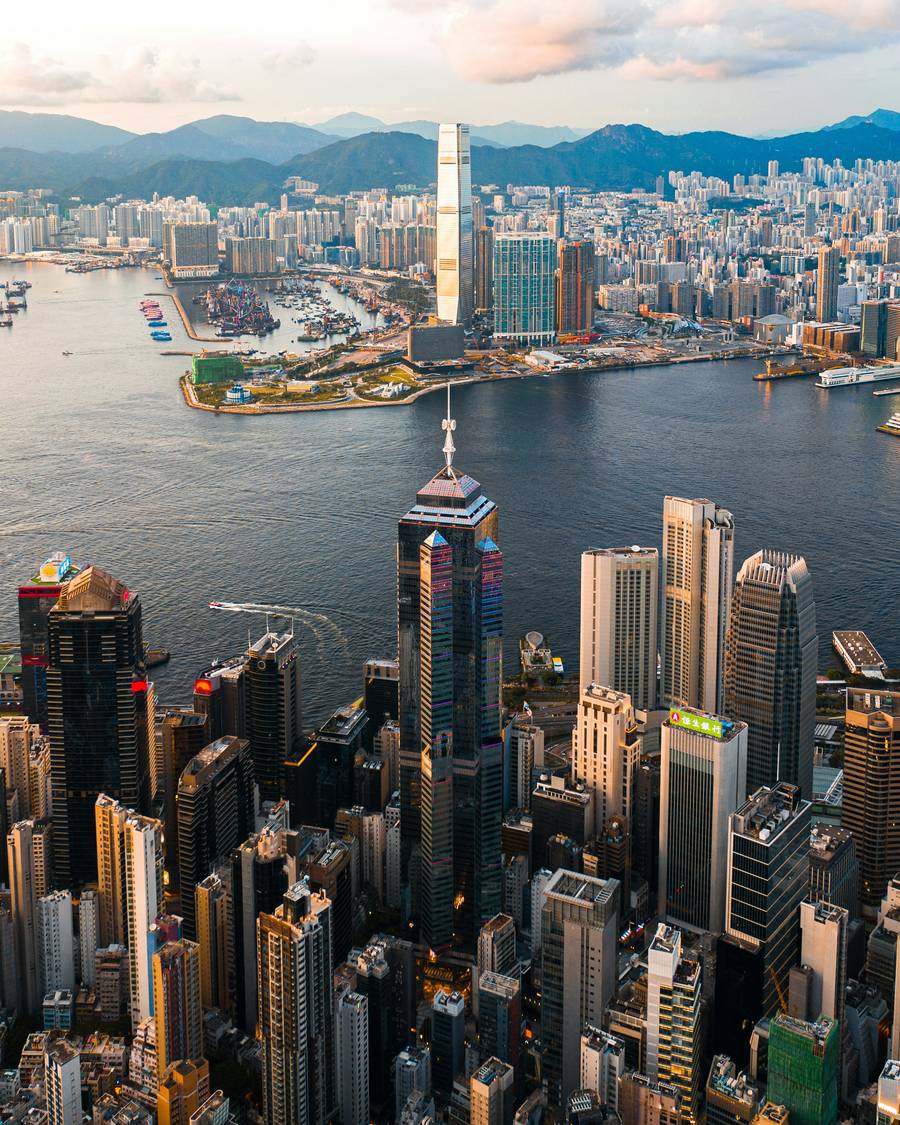 Aerial view of Central and Victoria Harbour, Hong Kong