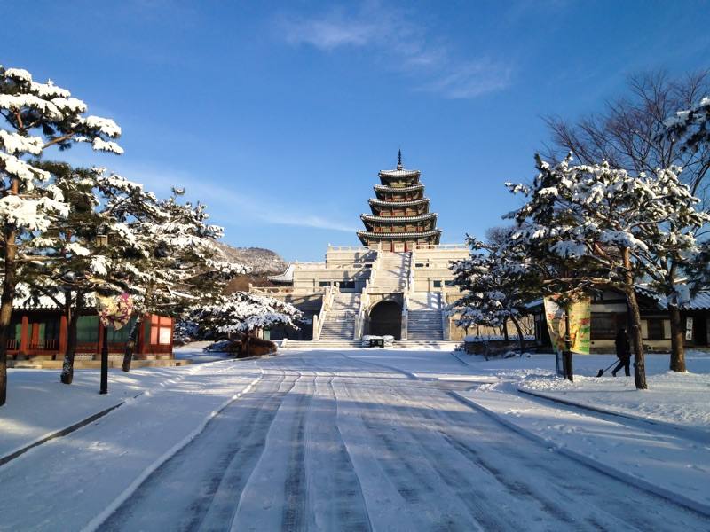 Snow-covered pagoda of the National Folk Museum at Gyeongbokgung Palace, Seoul