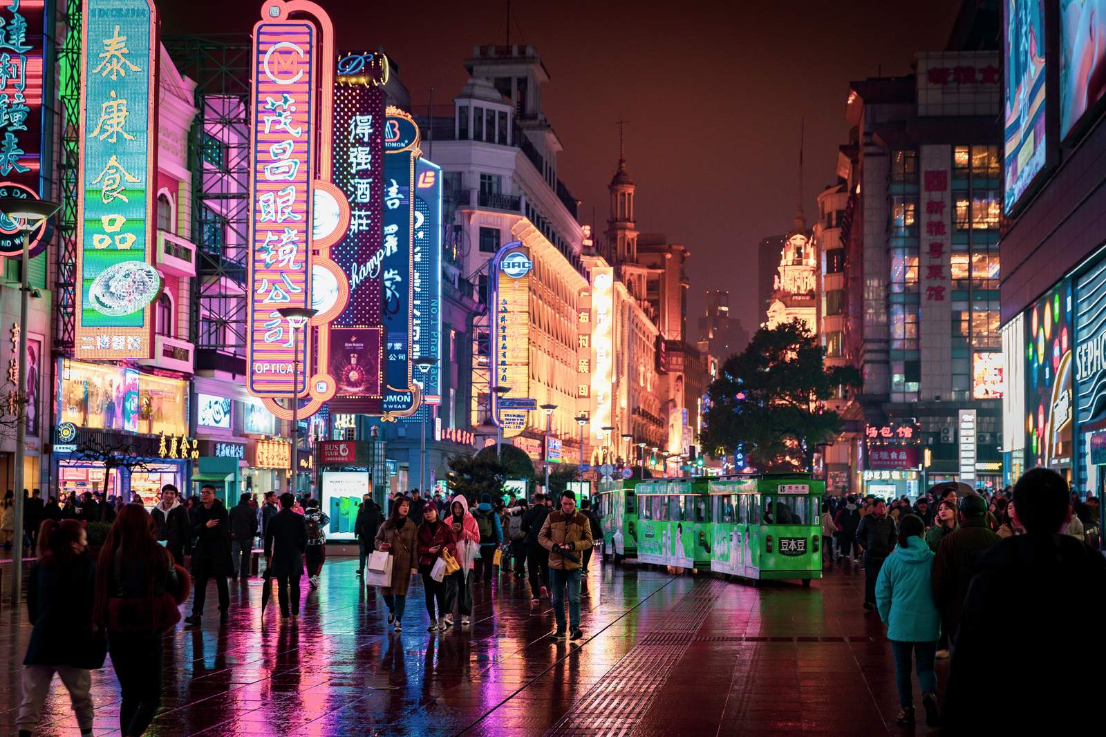 Neon signs along Nanjing Road in Shanghai at night