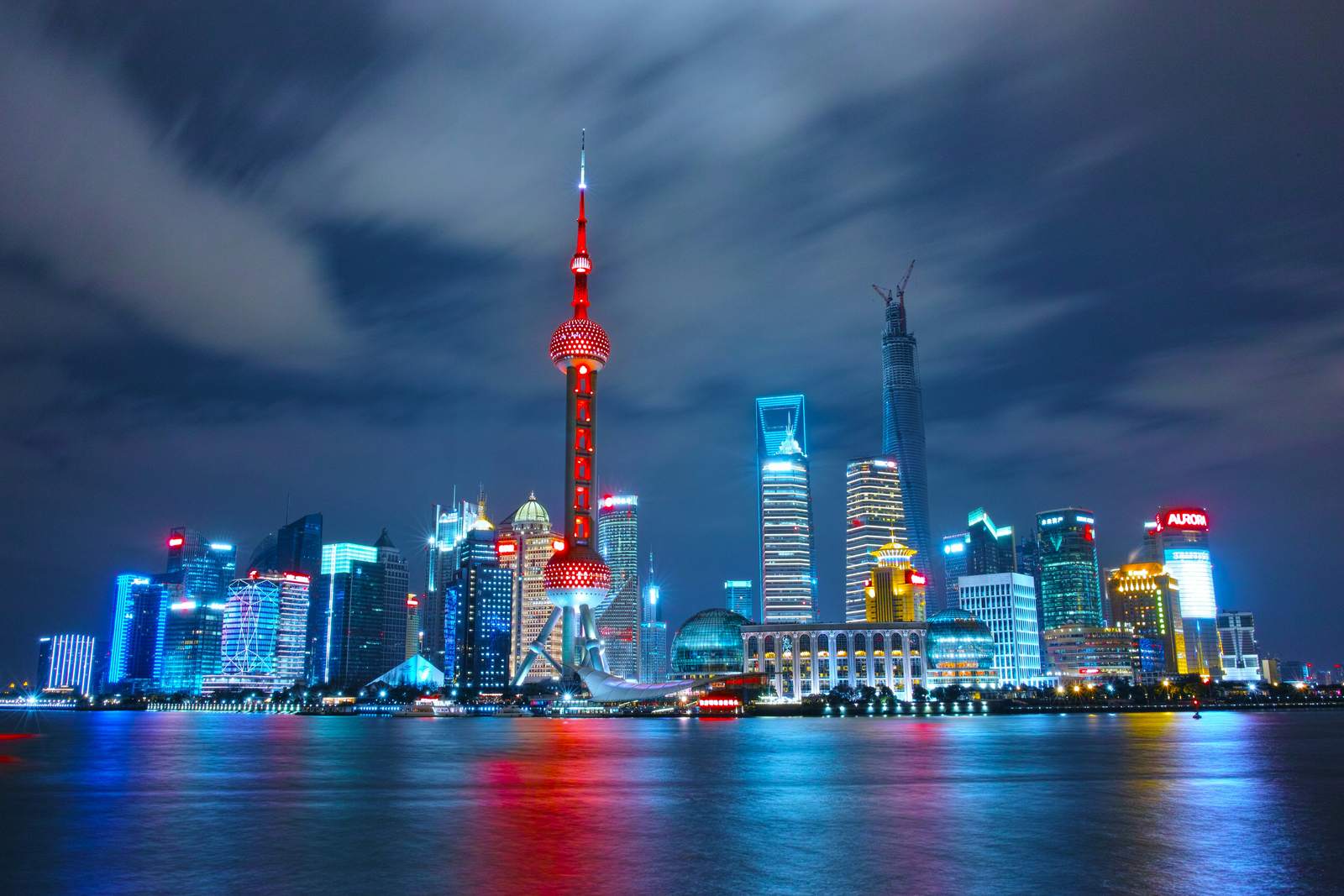 Shanghai skyline and the Oriental Pearl Tower at night, teach English in Shanghai