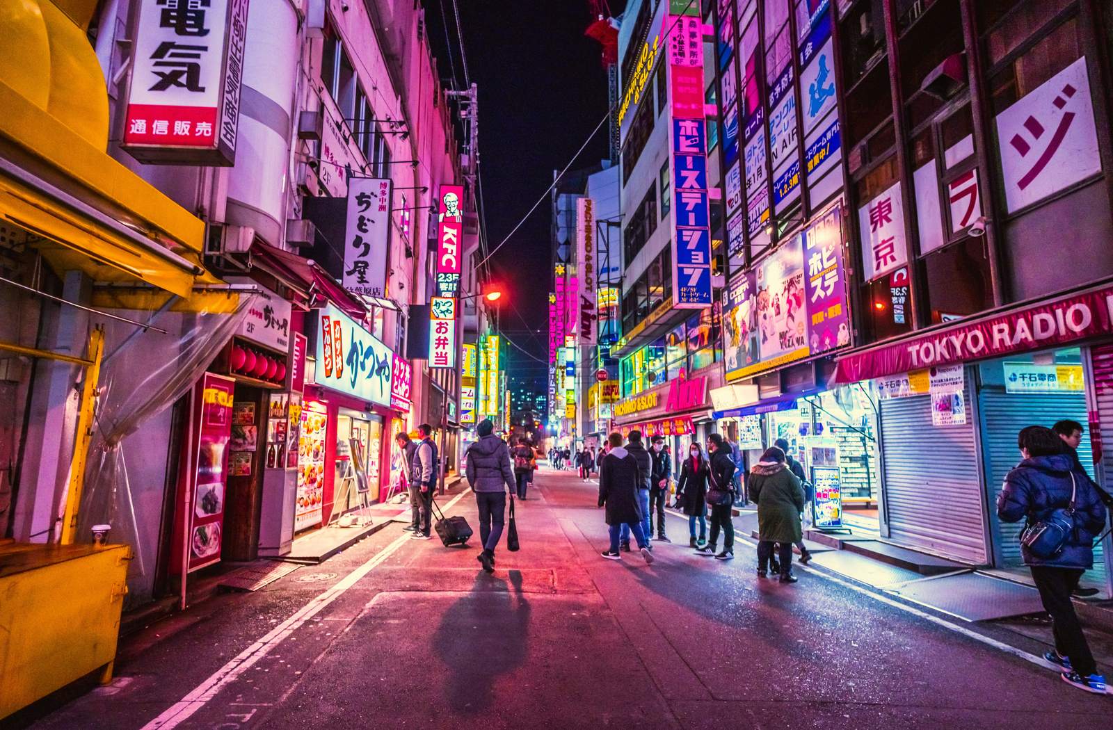 Neon-lit street in Akihabara, Tokyo, at night